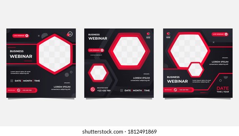 Collection of Editable Geometric banner template. Black and Red background color with Hexagon frame composition shape. Suitable for social media post Webinar