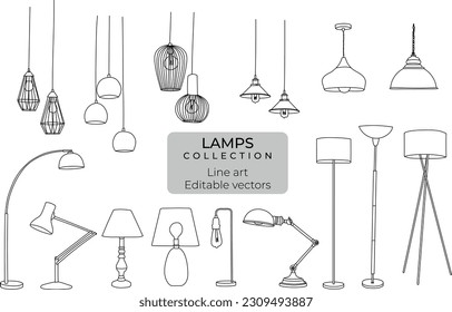 Colección de ilustraciones dibujadas de líneas de lámpara modificables en el archivo Illustrator	