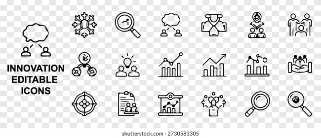 A collection of editable line art icons representing business innovation, including concepts like teamwork, ideas, research, and growth strategies.