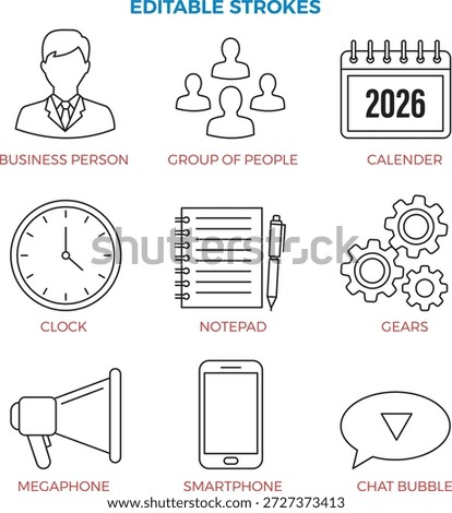 Collection of editable line art icons including business person group calendar clock notepad gears megaphone smartphone chat bubble