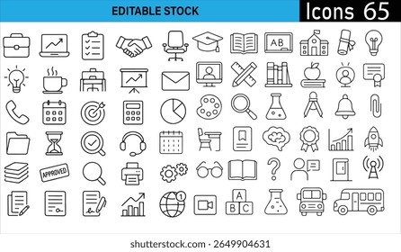 Uma coleção de ícones de linha editáveis que representam vários conceitos de negócios, educação e tecnologia. Os ícones incluem uma maleta, laptop, aperto de mão, tampa de formatura, lâmpada e muito mais.