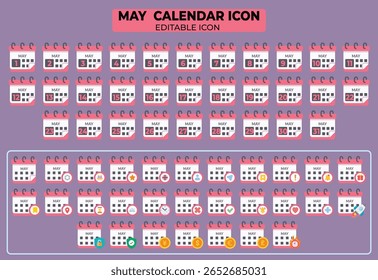 Collection of Editable May Calendar Icons with Customization Elements on Mauve Background