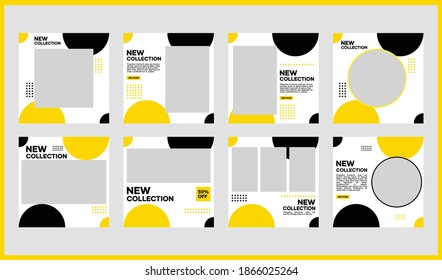 A collection of editable minimal square banner templates for social media content. White, black, and yellow background colors. Suitable for social media posts and website internet advertising