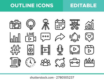 Collection of editable outline icons representing various aspects of social media, video production, and business. Includes cameras, microphones, calendars, charts, and communication symbols.