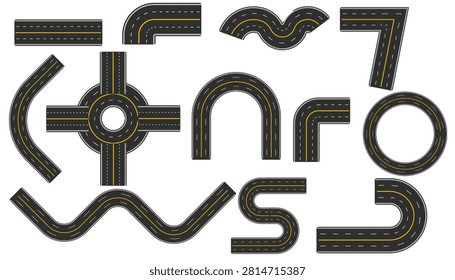 Collection of editable road shapes including curves, roundabout, U turn and straight sections for maps, navigation, transport, games and city layout projects
