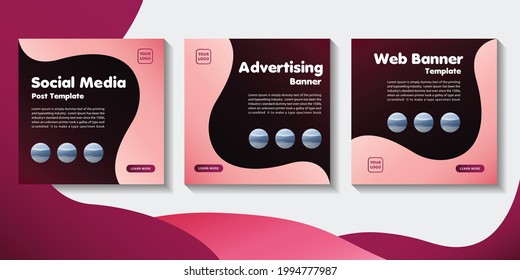 Collection of editable social media post template. Modern square banners with pink color waves design. For web banners and internet ads. Colorful vector illustration with photo and text