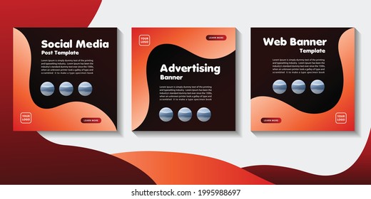 Collection of editable social media post template. Modern square banners with red orange color waves design art. For web banners and internet ads. colorful vector illustration with photo and text