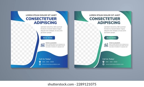 collection of editable square banner template. abstract concept with white background. Design vector with photo collage.  blue and green elements. Usable for social media, story and web internet ads.