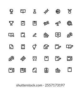 A Collection Of Editable Stroke Icon School Supplies And Other Items. The Icons Include A Book, Pencil, Clock, Ruler, Globe, Basketball, And A Trophy.