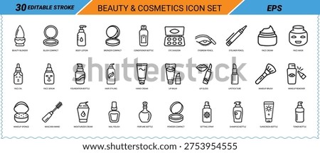 Collection of editable stroke icons for beauty and cosmetics makeup and skincare essential items