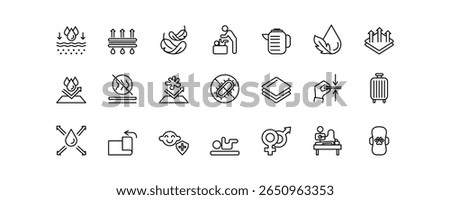 A collection of editable stroke icons illustrating features of absorbent pads: waterproof, breathable, antibacterial, safe for babies, pets, and daily hygiene.