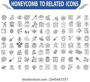 A collection of editable stroke line icons featuring elements related to honeycomb structures, golden honey, professional beekeepers, beeswax products, modern beekeeping tools, bumblebees, natural bee