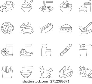 A collection of editable stroke line icons representing various meal-related items, suitable for menus, websites, and food-related designs.