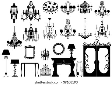 Collection of editable vector furniture and lighting silhouettes