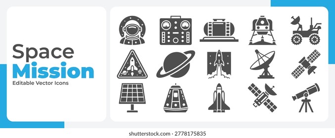 Collection of editable vector icons representing space exploration, including astronauts, rockets, satellites, rovers, and control panels.