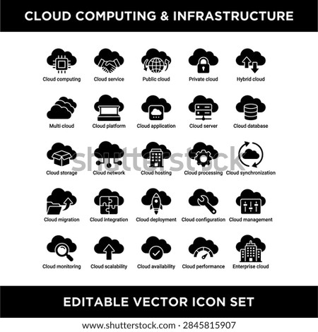 Collection of editable vector icons representing cloud computing services and infrastructure concepts.