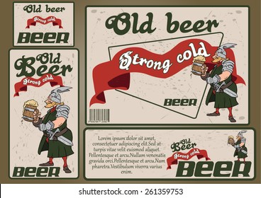 Collection of editable vector label templates, strong viking character with a beer mug