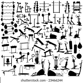 Collection of editable vector silhouettes of gym equipment