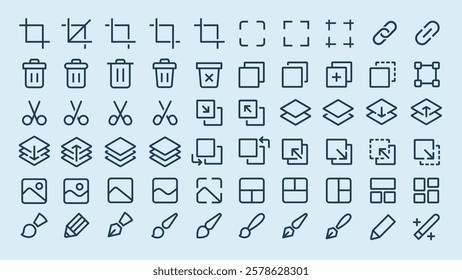 A collection of editing icons featuring tools like crop, delete, and link. Icons include scissors, layers, and arrows, perfect for editing and design tasks. User interface icons, UI icon vector set.