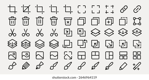 A collection of editing icons featuring tools like crop, delete, and link. Includes scissors, layers, and brushes. Ideal for design and editing projects. User interface icons, UI icon vector set.