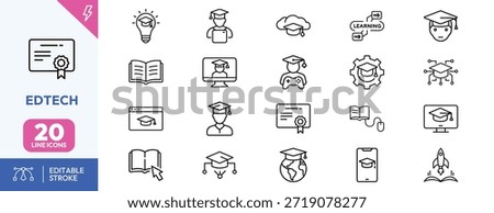 Collection of EdTech icons representing modern education technology, including learning, graduation, and digital literacy.