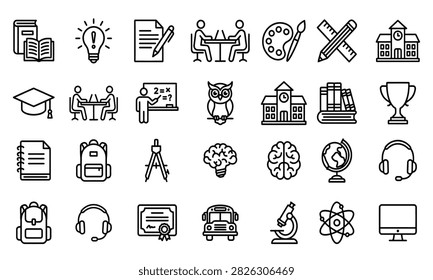 Collection of education icons depicting learning knowledge and scholastic achievement in a linear style academic academy atlas award black
