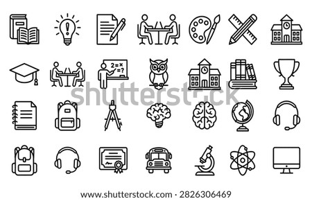 Collection of education icons depicting learning knowledge and scholastic achievement in a linear style academic academy atlas award black