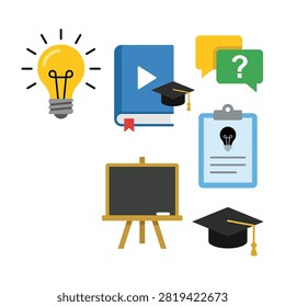 Collection of education icons including lightbulb, book, graduation cap, blackboard, and certificate on white background