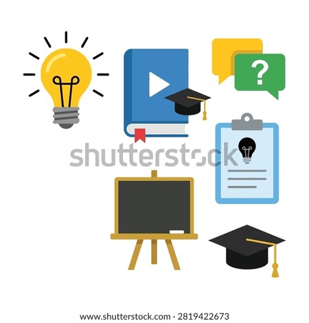 Collection of education icons including lightbulb, book, graduation cap, blackboard, and certificate on white background