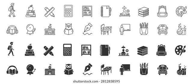collection of education icons including student, books, calculator, school building, notebook, teacher, backpack, palette, and laboratory glassware on transparent background