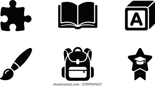 Una colección de íconos de educación y aprendizaje, que incluye una pieza de rompecabezas, libro abierto, bloque de alfabeto, pincel, mochila y estrella de graduación, que representan varios aspectos de la educación.