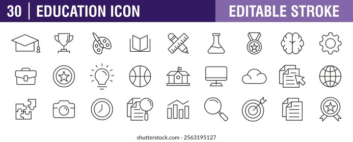 Collection of education and learning icons. School, study, academic, faculty. Vector design template, signs, symbols, editable stroke.