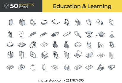 Collection of education and learning isometric icons in outline style. 50 icons in the set