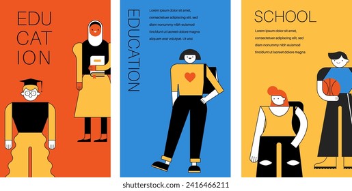 Collection of Education, Students, Teenagers geometric characters, illustrations. Education, learning, online school concept vector design