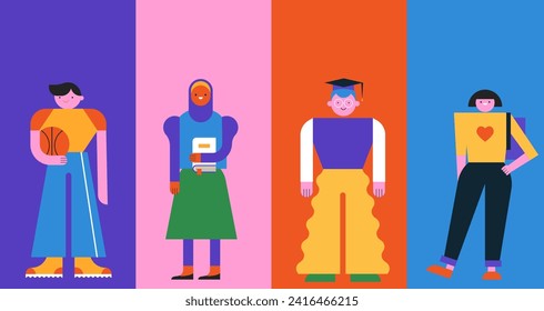 Collection of Education, Students, Teenagers geometric characters, illustrations. Education, learning, online school concept vector design