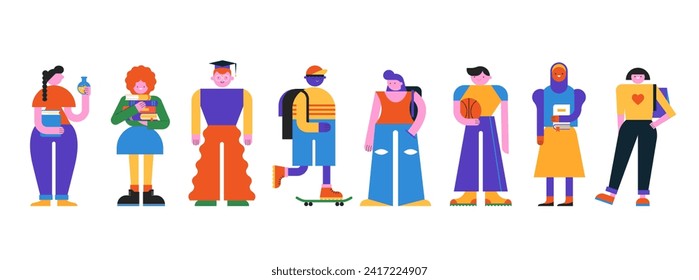 Colección de Educación, Estudiantes, Personajes geométricos adolescentes, ilustraciones. Educación, aprendizaje, diseño vectorial de concepto escolar en línea