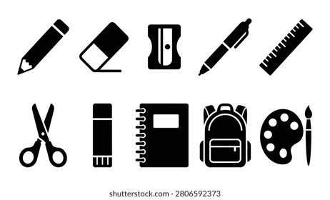 Collection of educational and art supply icons, designed for back to school and creative projects. Includes essential items like pencil, eraser, sharpener, pen, ruler, scissors, glue stick, spiral notebook, backpack, and paint palette with brush, all rendered as black solid silhouettes on white background.