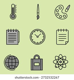 Collection of educational and artistic icons representing learning and creativity in a simple design style