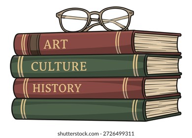 Coleção de livros educativos com espetáculos, representando arte, cultura e história, simbolizando o aprendizado e o estudo acadêmico.