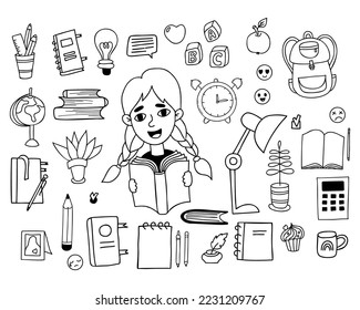 Collection educational doodles. Cute girl with book, stationery, school notebooks and pens , object hobbies and passions, globe and school backpack. Vector isolated linear hand drawings for design