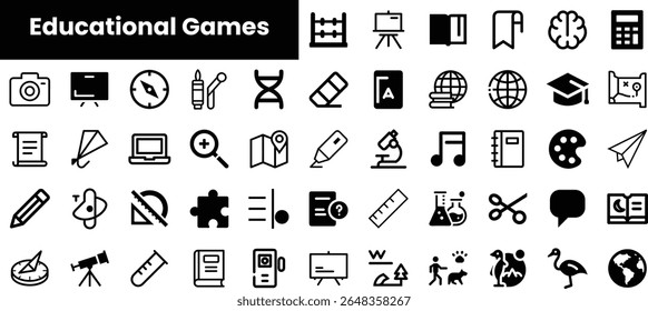 A collection of educational game icons featuring various symbols like books, globes, and tools, designed to enhance learning and creativity for all ages.