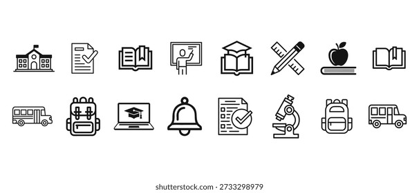 Una Colección de Íconos Educativos con Un Edificio Escolar, Libros, Un Profesor y Útiles Escolares, Dispuestos en Dos Filas.