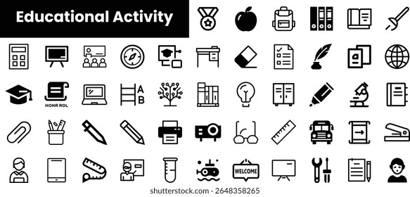 A collection of educational icons featuring various symbols like books, a globe, and teaching tools, promoting learning and creativity in an academic setting.