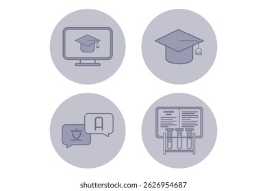 Collection of educational icons with graduation cap, monitor with cap, translation symbols, and laboratory test tubes. Learning and achievement concept