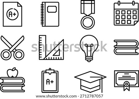 Collection of educational icons including books scissors and diplomas isolated on transparent background
