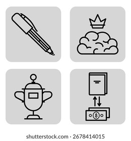 Collection of educational icons including pen, brain with crown, trophy, and money transaction, designed to represent various learning concepts
