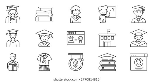 Collection of educational icons representing graduation, learning, and academic achievement with school buildings and symbols