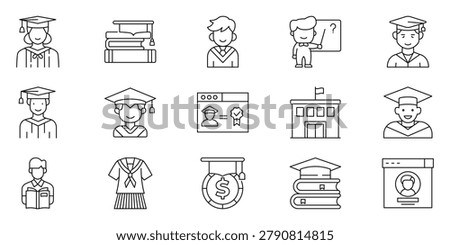 Collection of educational icons representing graduation, learning, and academic achievement with school buildings and symbols