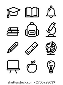 Colección de íconos educativos que representan Objetos de aprendizaje y suministros para el aula en un estilo plano