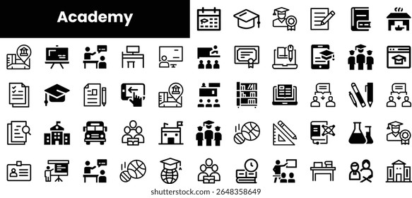 Una colección de íconos educativos que representan varios conceptos académicos, incluyendo la graduación, la enseñanza y las actividades en el aula en un estilo claro y minimalista.